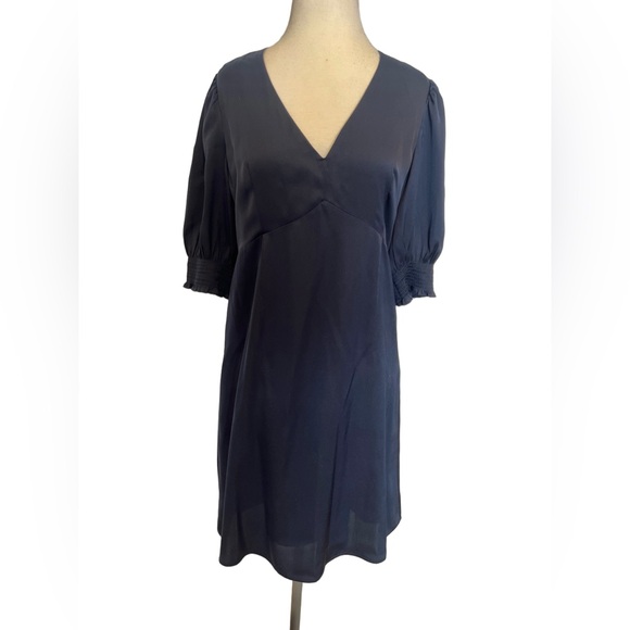 Quince Navy Blue V-Neck Puff Sleeve Mini Dress - Picture 3 of 7